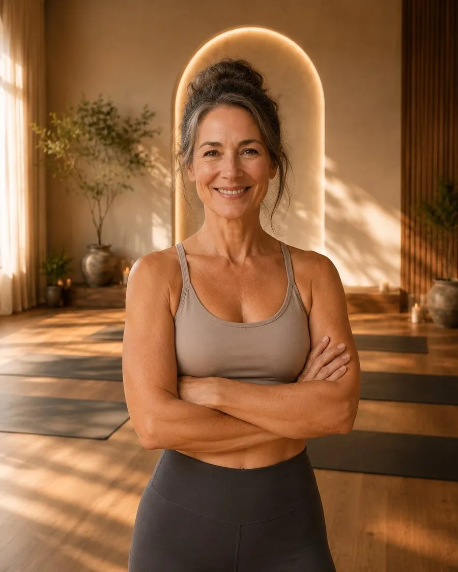 Sylvia Thieme im Yogastudio im warmen Morgenlicht