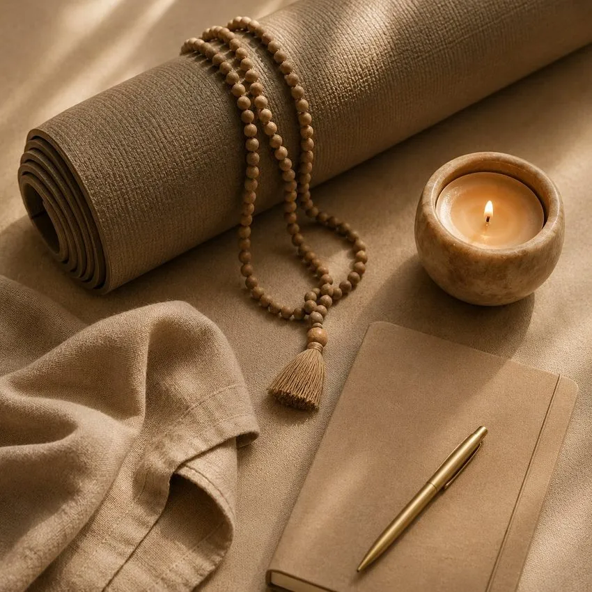 Yogamatte mit Mala-Kette und Kerze