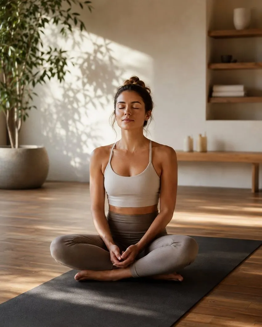 Frau in stiller Meditation auf der Matte