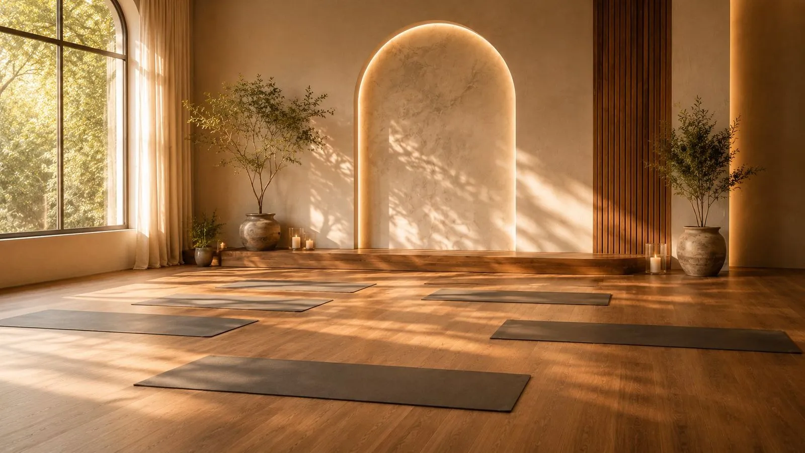Ruhiges Yogastudio im goldenen Licht