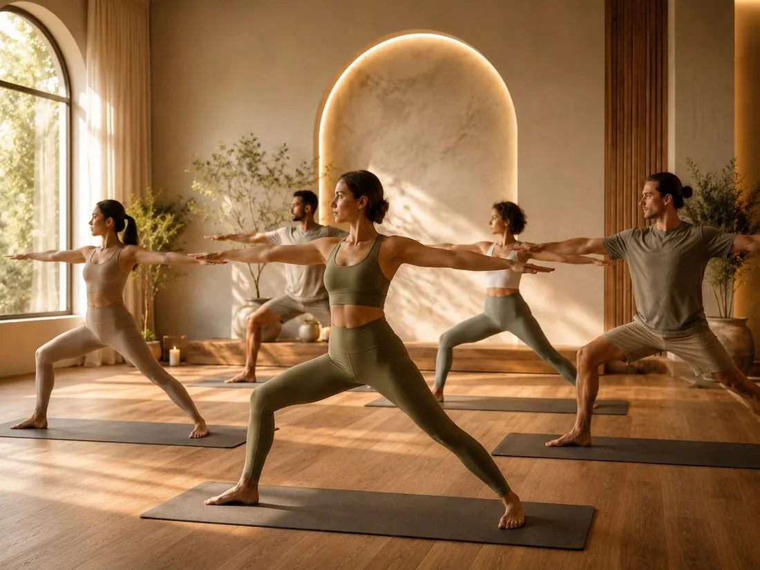 Yoga-Kurs in der Gruppe, Krieger-Haltung